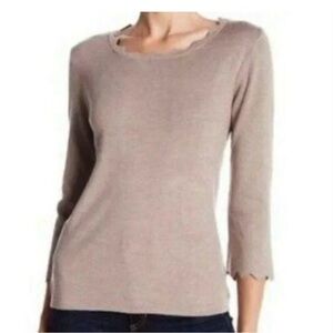 Philosophy Republic Clothing Sweater 3/4 Sleeve Scallop-Edge Size XS Taupe Tan